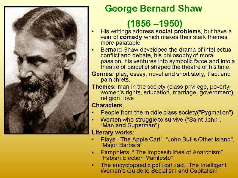 George Bernard Shaw  (1856 –1950)  His writings address social problems, but have